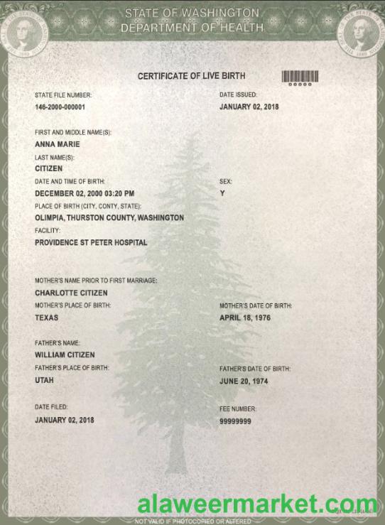 USA Washington state birth certificate template in PSD format